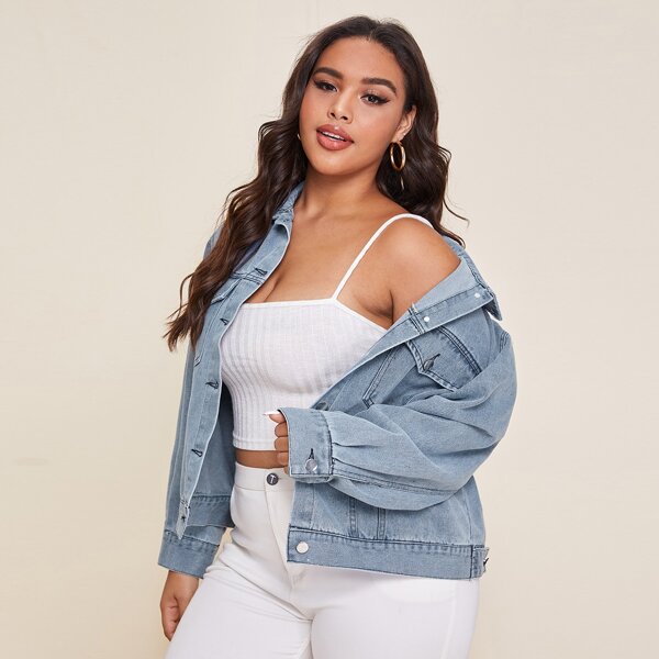 

Plus Floral Embroidery Denim Trucker Jacket, Light wash