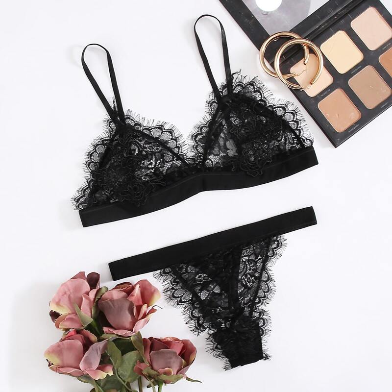 

Eyelash Lace Lingerie Set, Black