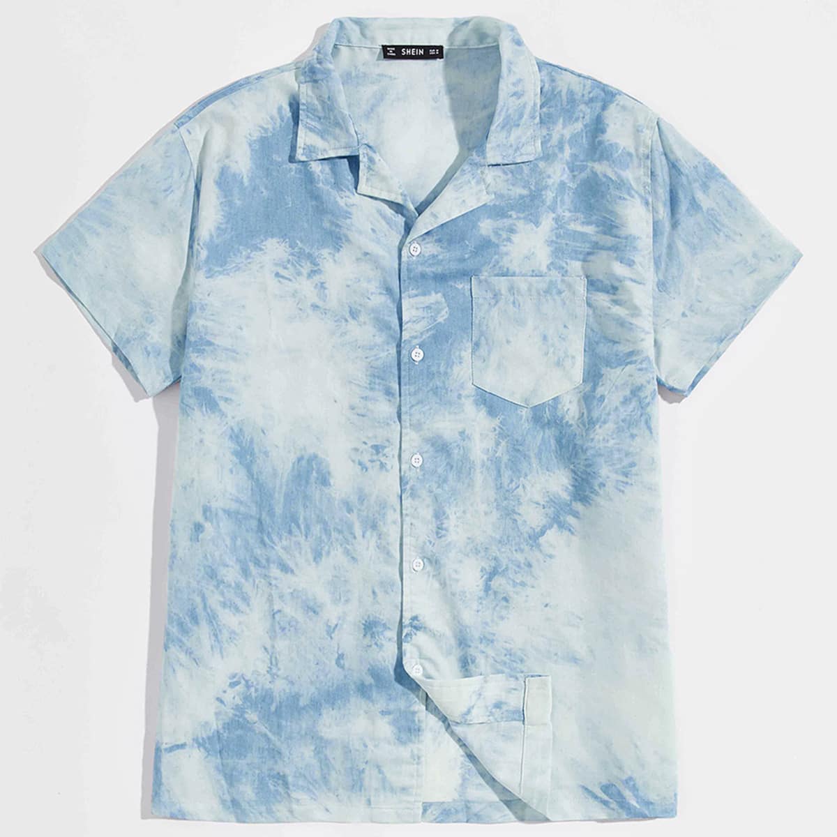 

Guys Revere Collar Pocket Patched Tie Dye Shirt, Dusty blue