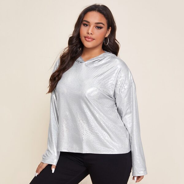 

Plus Drop Shoulder Hooded Sweatshirt, Silver