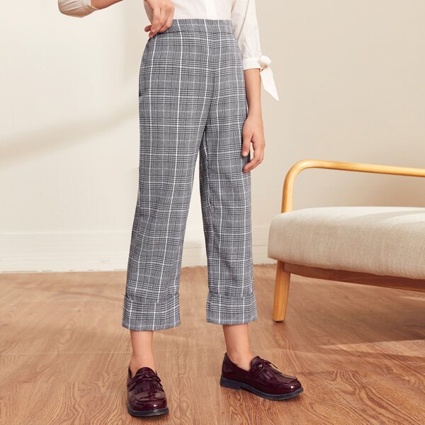 

Girls Elastic Waist Glen Plaid Cuffed Pants, Black and white