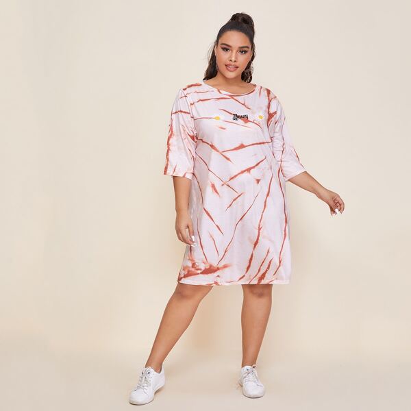 

Plus Letter & Floral Embroidered Tee Dress, Pink pastel