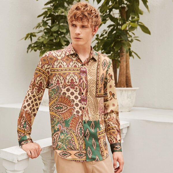

Men Tribal Print Patchwork Shirt, Multicolor