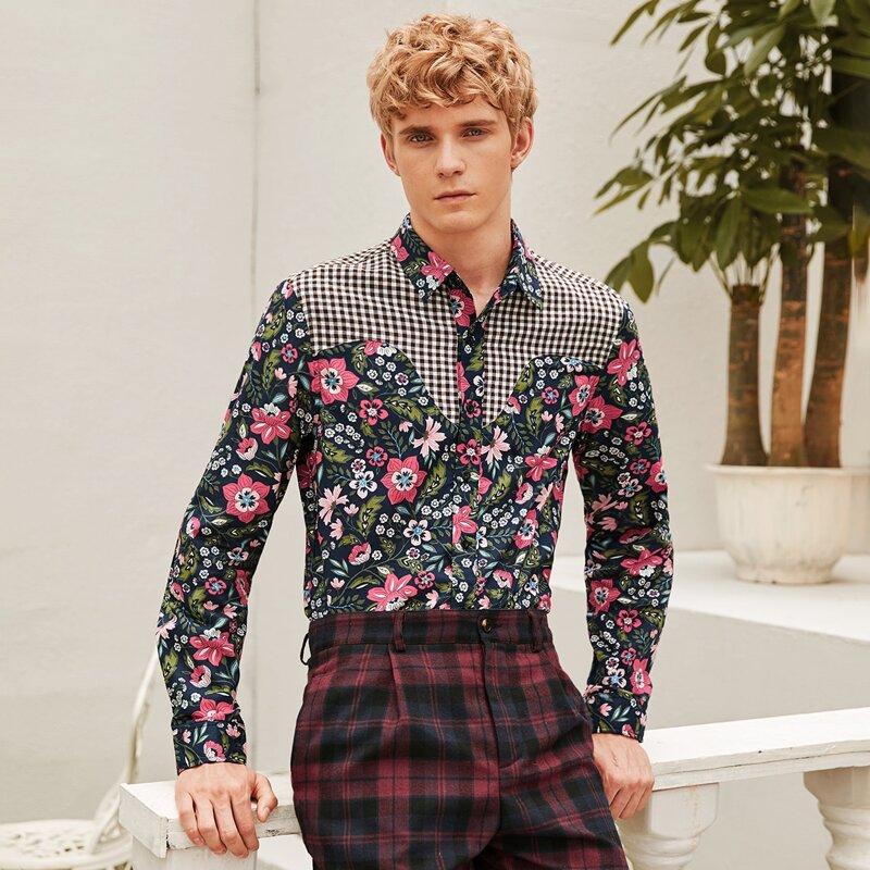 

Guys Gingham Panel Floral Print Shirt, Multicolor