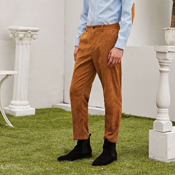 

Men Buttoned Waist Corduroy Pants, Brown