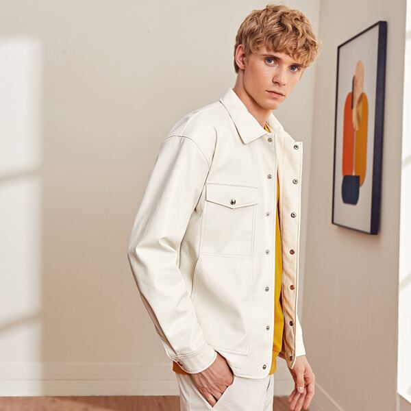 

Men Button Front Pocket Patched Coat, White
