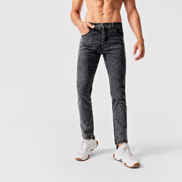 

Men Button Fly Straight Leg Jeans, Black
