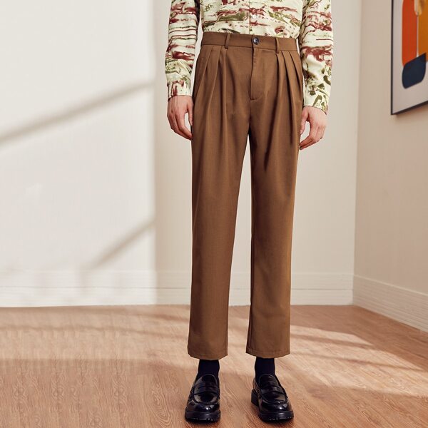 

Men Fold Pleated Front Tailored Pants, Mocha brown