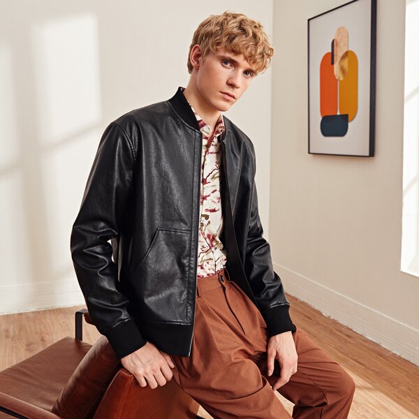

Men Contrast Trim PU Leather Jacket, Black