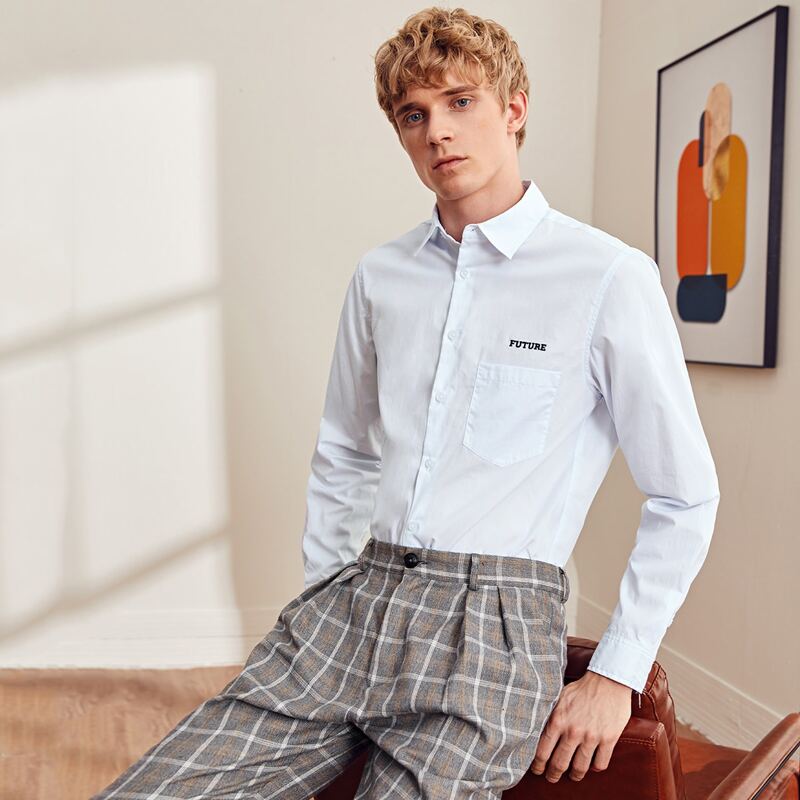 

Guys Letter Embroidered Pocket Patched Shirt, Pastel baby blue
