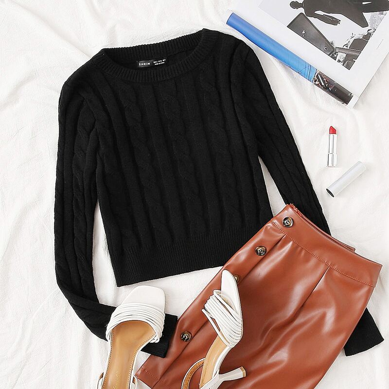 

Solid Cable Knit Sweater, Black