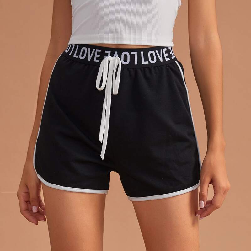 

Letter Tape Contrast Binding Tie Front Lounge Shorts, Black