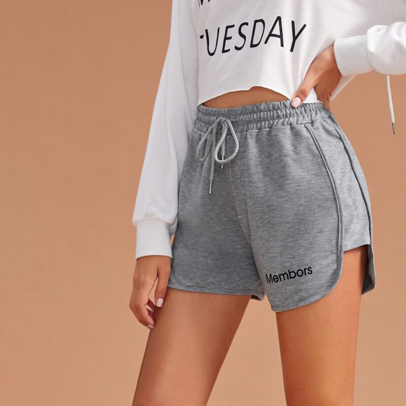 

Letter Graphic Drawstring Dolphin Hem Lounge Shorts, Grey
