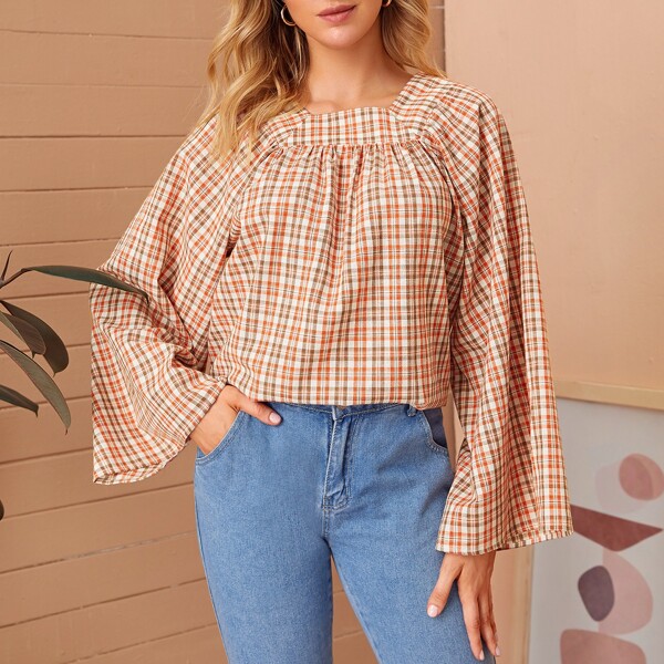 

Bell Sleeve Plaid Top, Multicolor