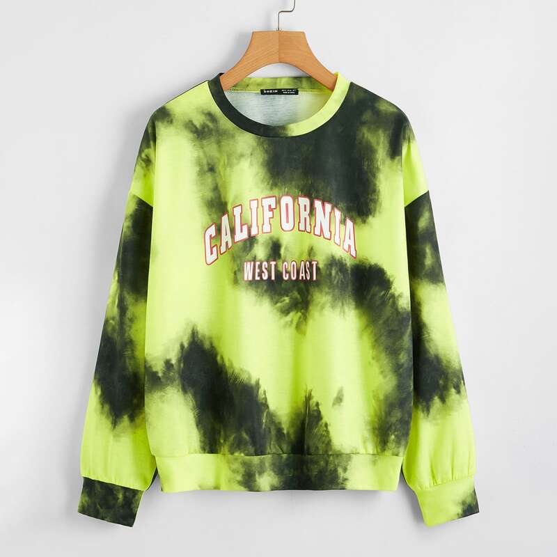 

Drop Shoulder Slogan Graphic Tie Dye Pullover, Multicolor