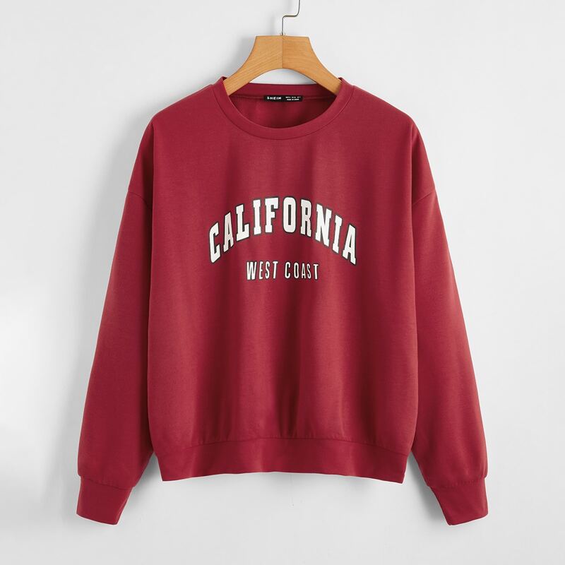 

Drop Shoulder Slogan Graphic Pullover, Burgundy