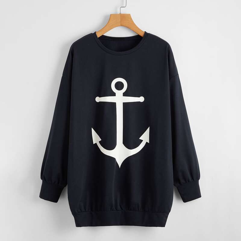 

Drop Shoulder Anchor Print Pullover, Navy blue