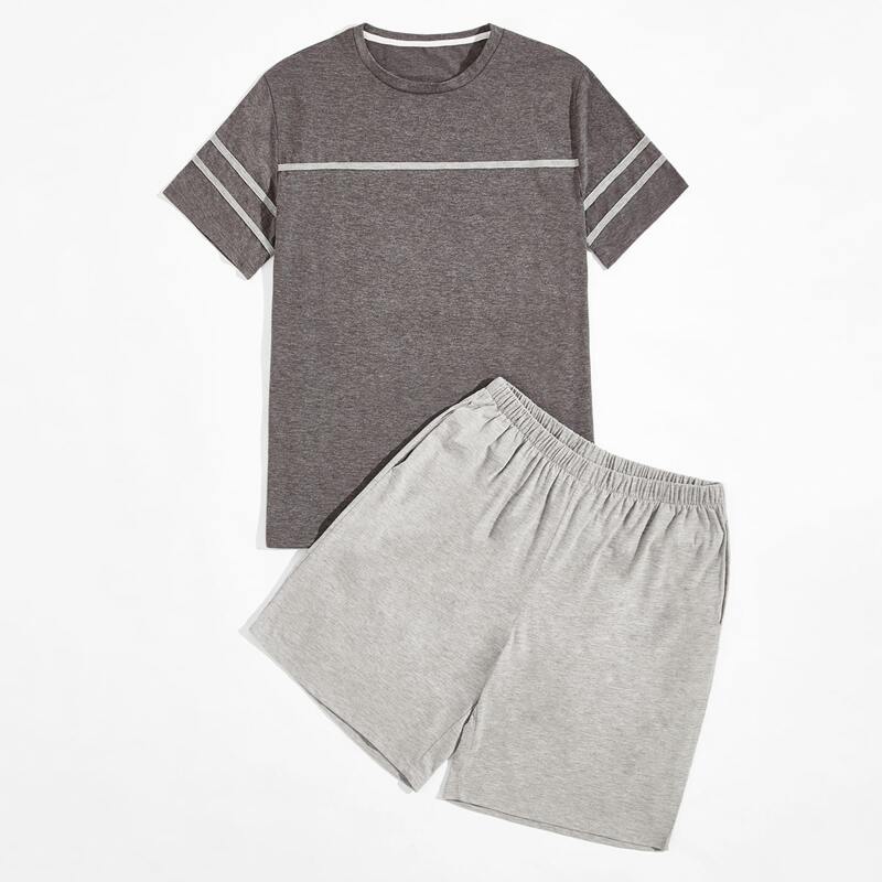 

Guys Striped Tape Tee With Athletic Shorts, Grey