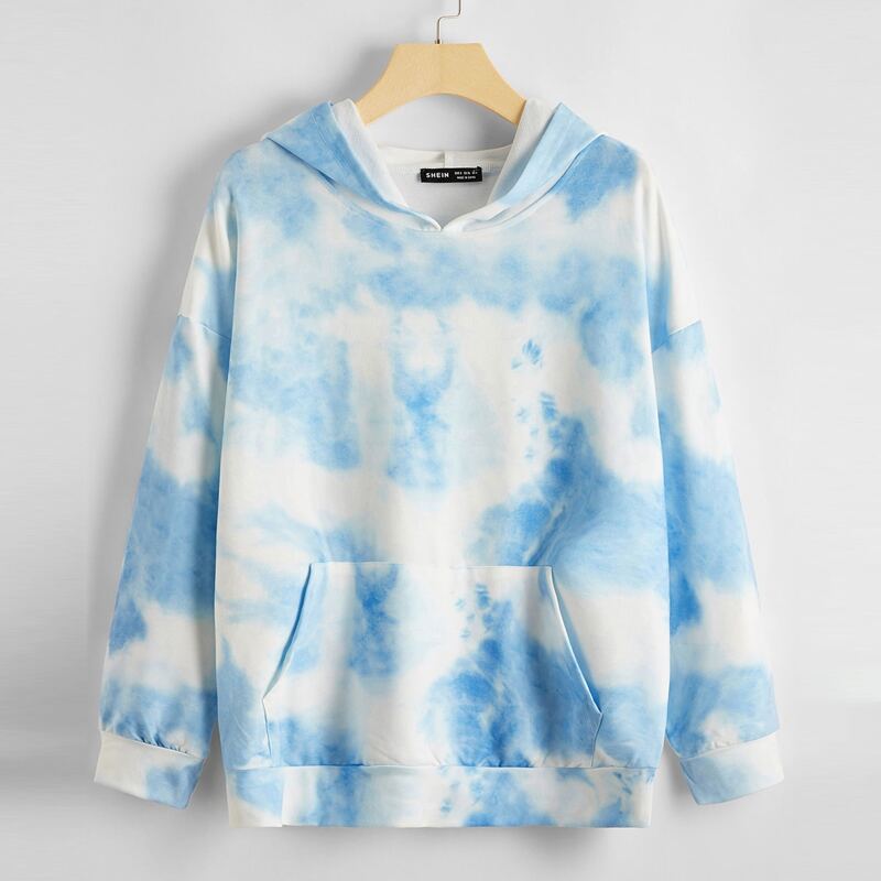 

Drop Shoulder Tie Dye Hooded Sweatshirt, Blue and white