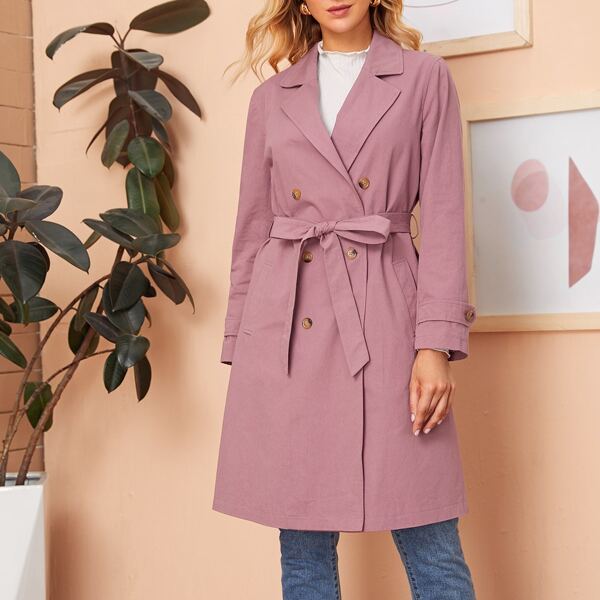 

Notched Collar Double Breasted Belted Trench Coat, Dusty pink