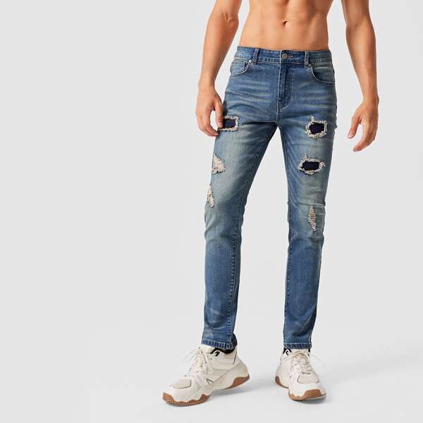 

Men Ripped Patched Straight Leg Jeans, Medium wash