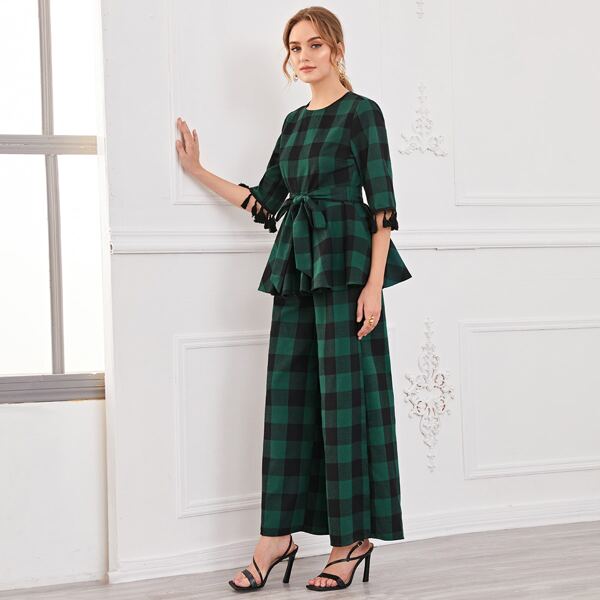 

Buffalo Plaid Fringe Trim Belted Top & Pants Set, Dark green