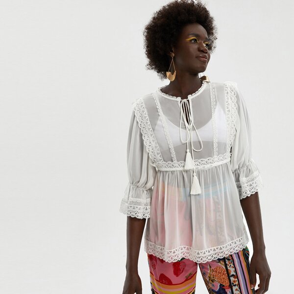 

Tassel Tie Neck Sheer Babydoll Blouse, White