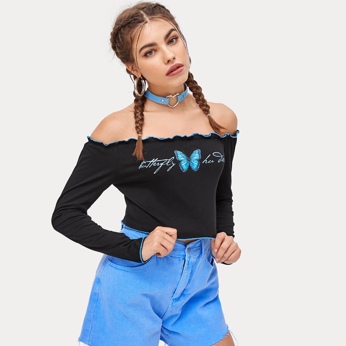 

Butterfly Print Lettuce Trim Crop Top, Black
