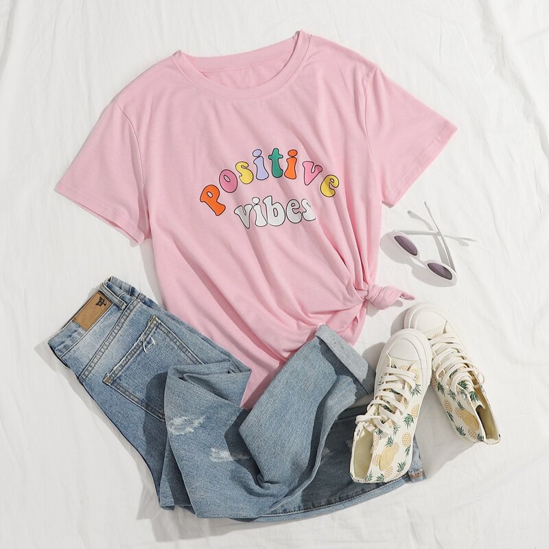 

Rainbow Letter Graphic Tee, Baby pink
