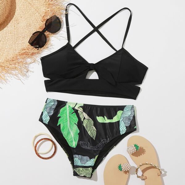 

Tropical Cut-out Knot Front Bikini Swimsuit, Black