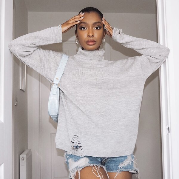 

Funnel Neck Frayed Edge Sweater, Light grey