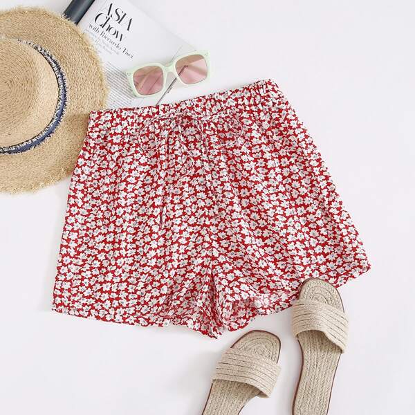 

Knot Waist Ditsy Floral Shorts, Red and white