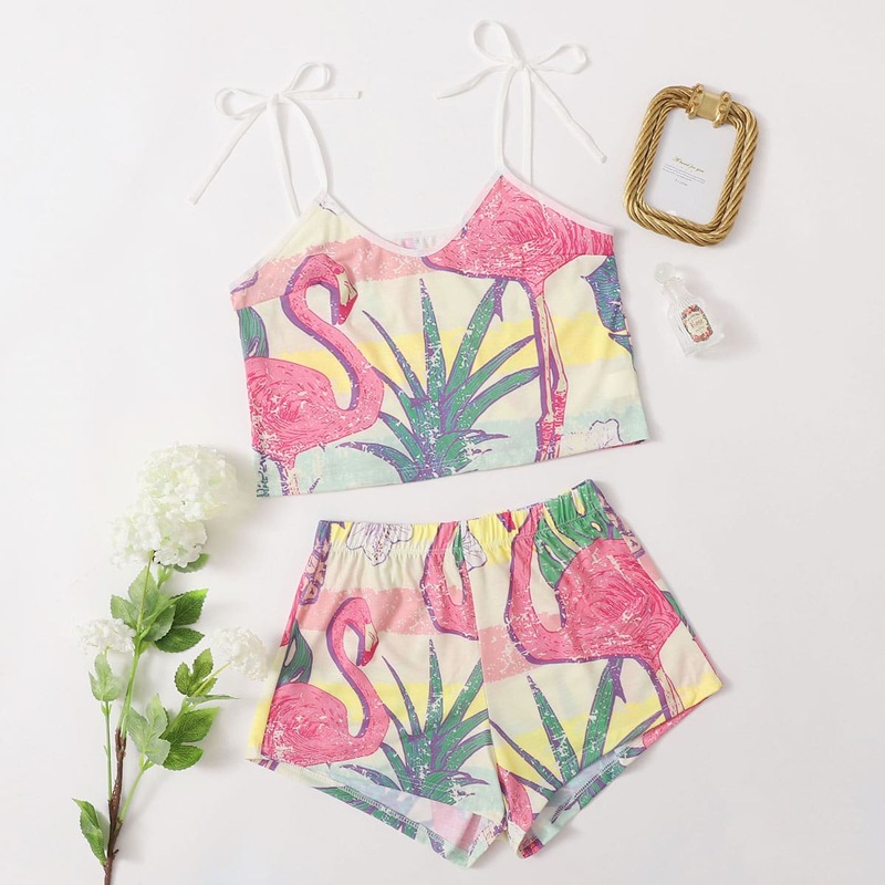 

Flamingo Tie Shoulder Cami PJ Set, Multicolor