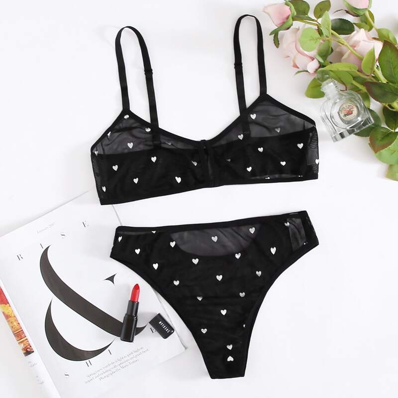 

Heart Print Mesh Lingerie Set, Black