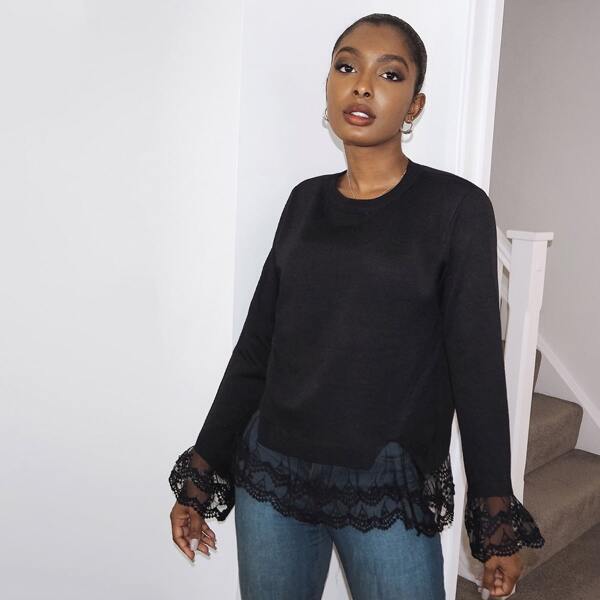 

Guipure Lace Mesh Ruffle Trim Sweater, Black