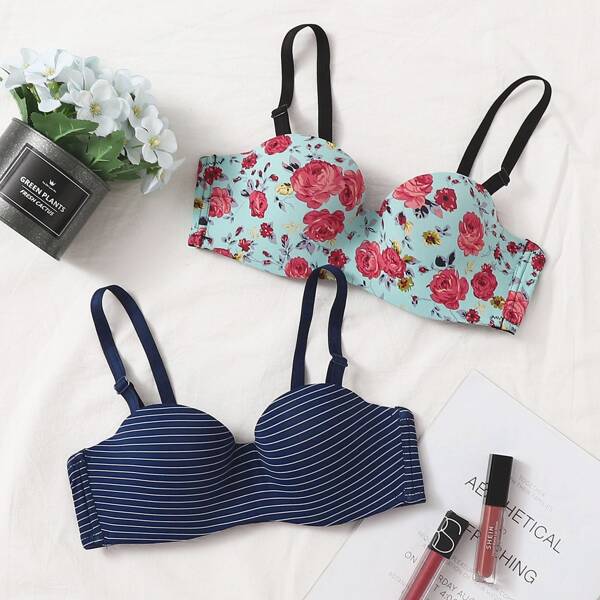 

2pack Floral & Stripe Demi Bra, Multicolor