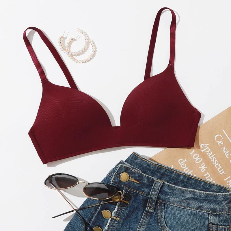 

Solid Adjustable Strap Bra, Burgundy