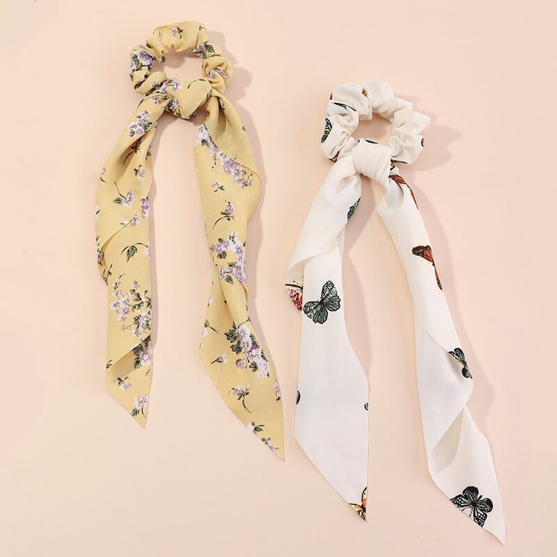 

2pcs Butterfly & Ditsy Floral Scrunchie Scarf, Multicolor