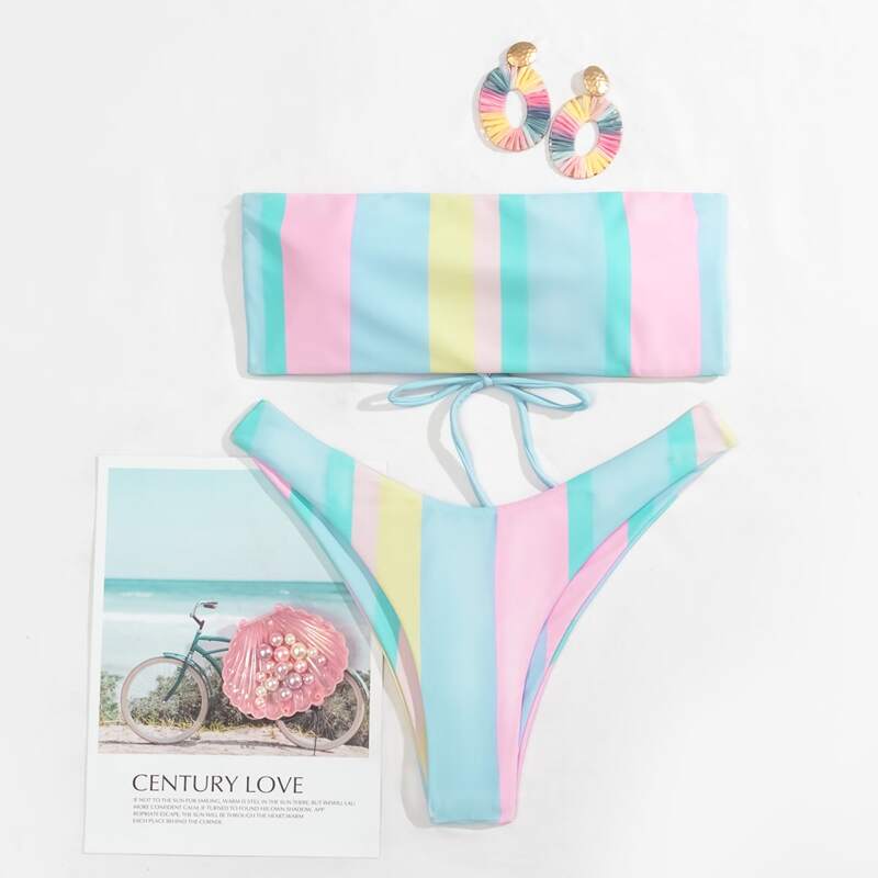 

Colorful Stripe Bandeau High Cut Bikini Swimsuit, Multicolor