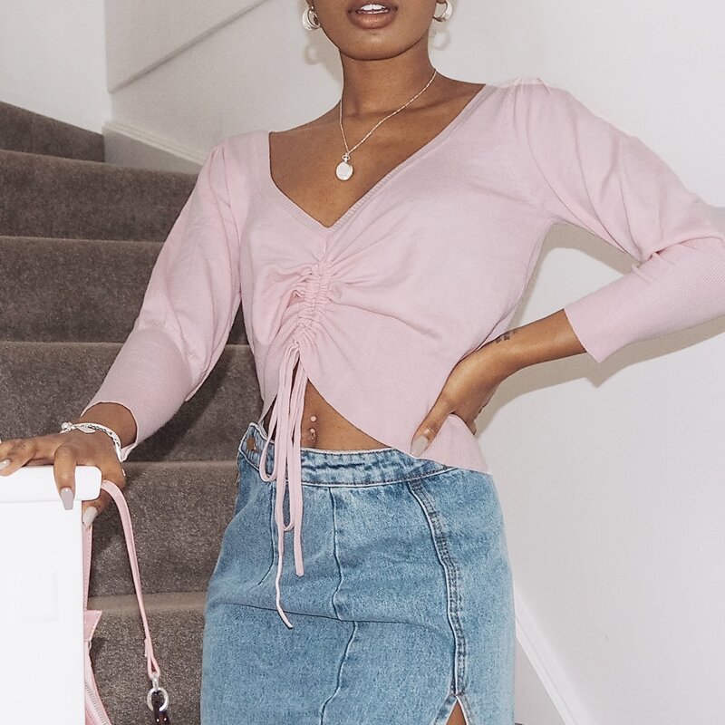 

Drawstring Front Solid Sweater, Baby pink