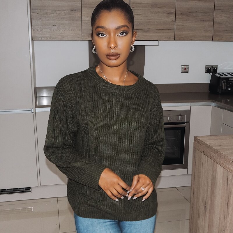 

Round Neck Drop Shoulder Sweater, Army green