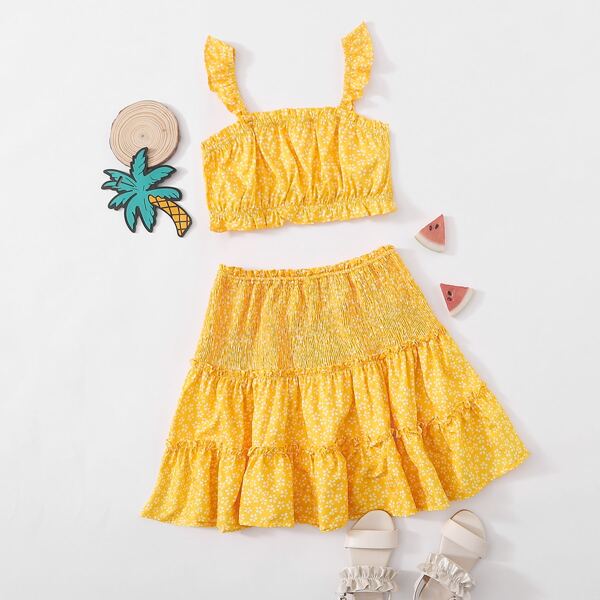 

Girls Frill Trim Cami Top & Shirred Detail Skirt Set, Yellow