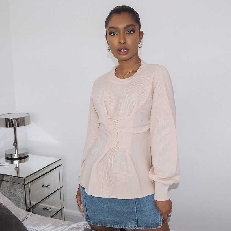 

Lace Up Front Drop Shoulder Sweater, Apricot