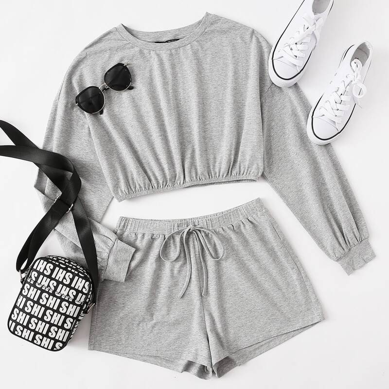 

Drop Shoulder Crop Top & Track Shorts Set, Light grey