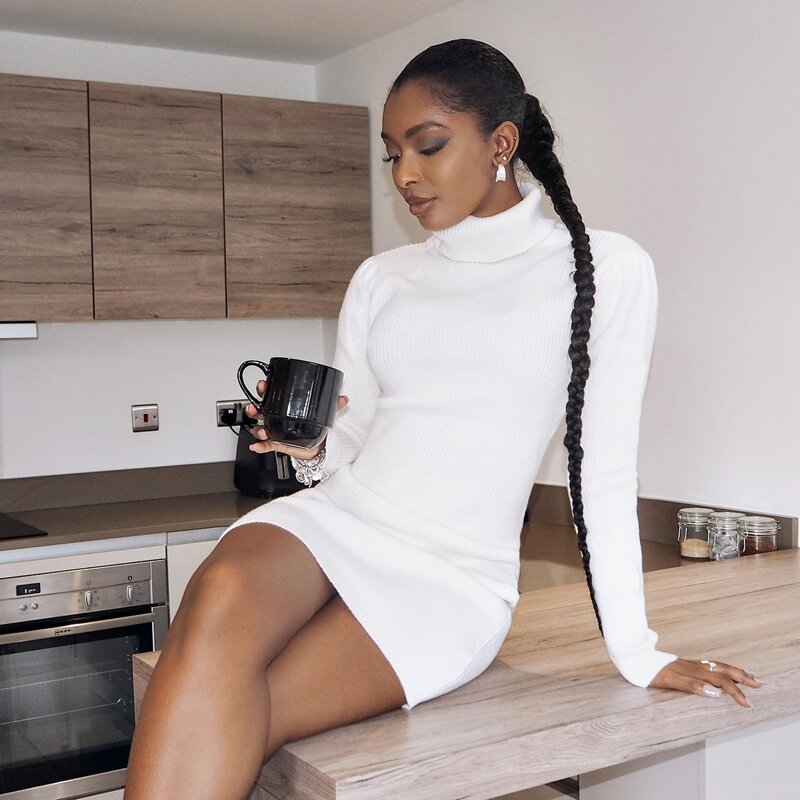 

Funnel Neck Solid Bodycon Sweater Dress, White