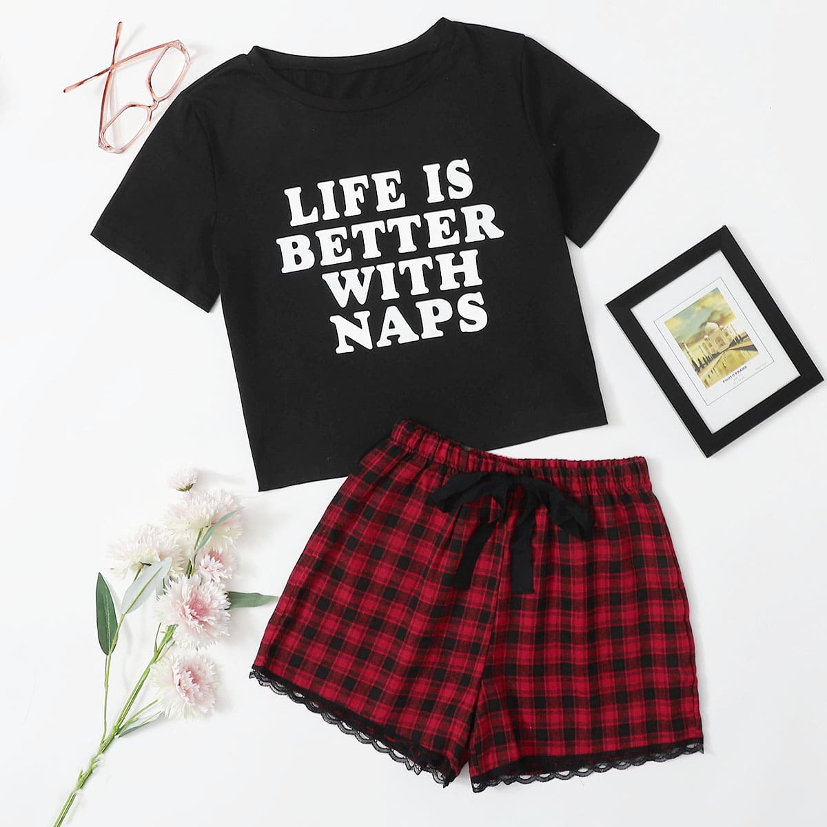 

Slogan Print Tee & Tartan Shorts PJ Set, Multicolor
