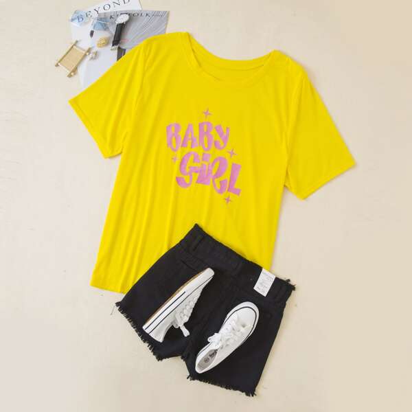 

Plus Letter Graphic Round Neck Tee, Yellow