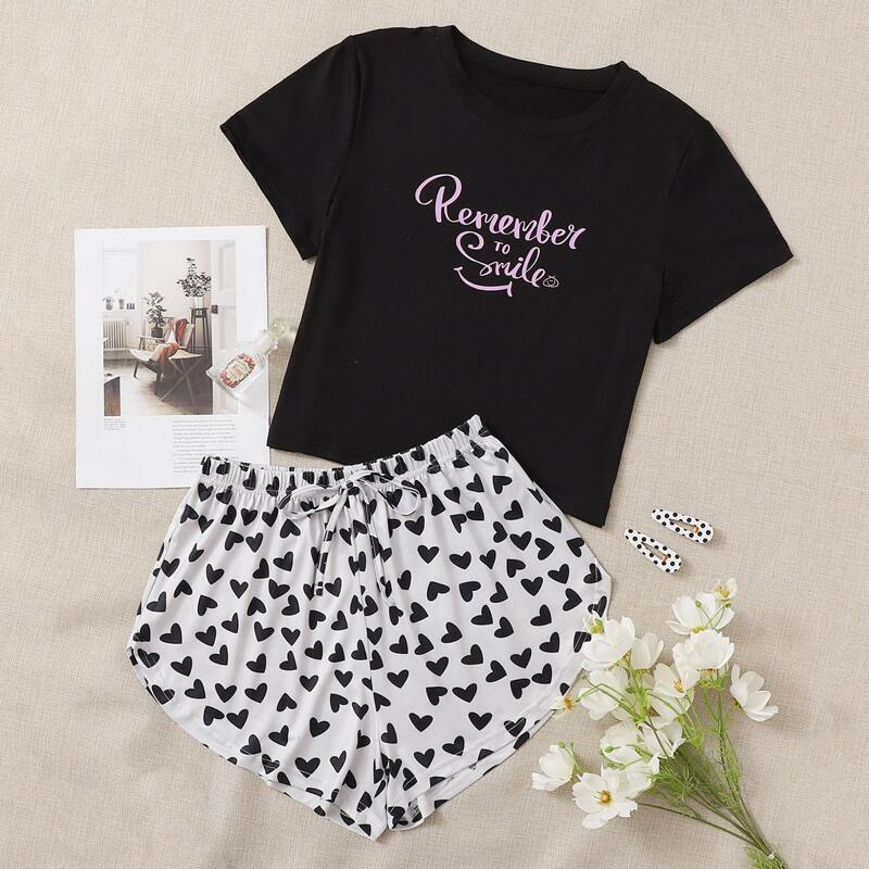 

Slogan Tee & Heart Print Shorts PJ Set, Black and white