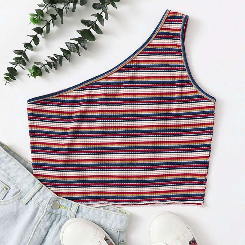 

One Shoulder Striped Crop Top, Multicolor