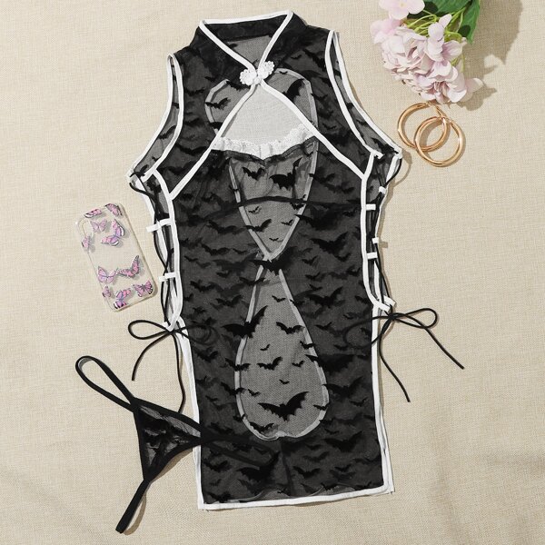 

Bat Print Sexy Chinese Cheongsam Costume & Thong, Black
